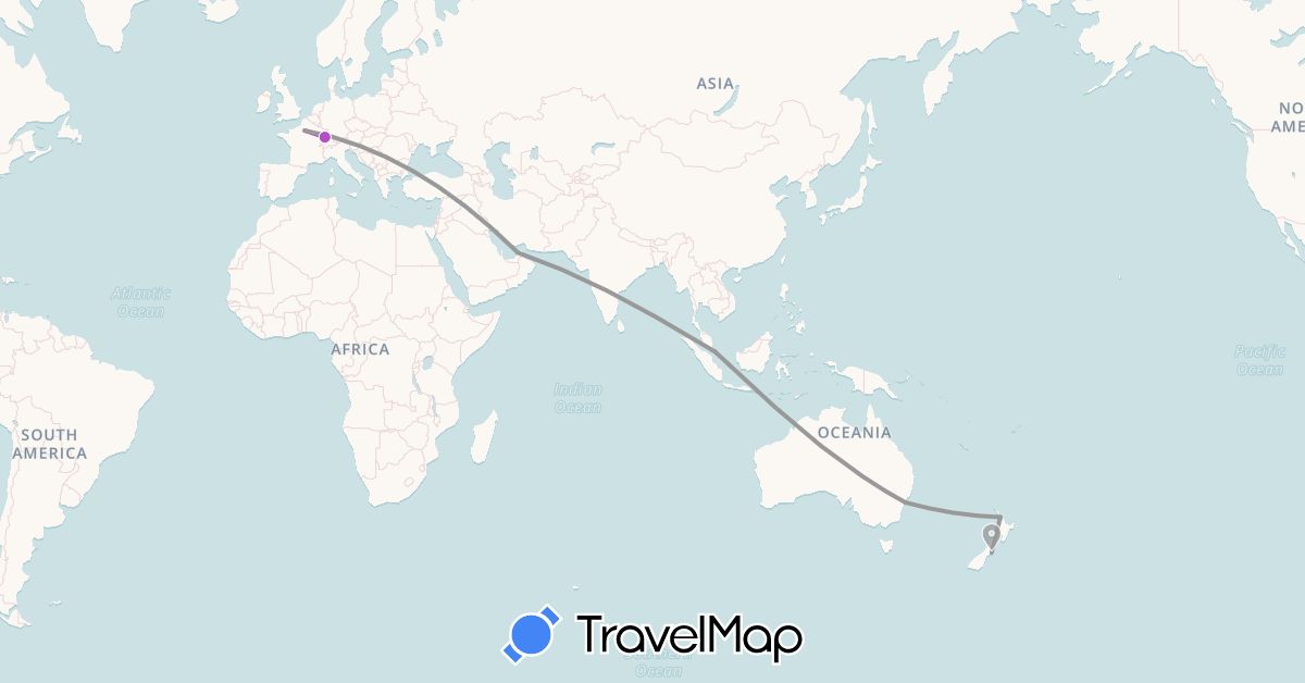 TravelMap itinerary: driving, plane, train in United Arab Emirates, Australia, France, New Zealand, Singapore (Asia, Europe, Oceania)